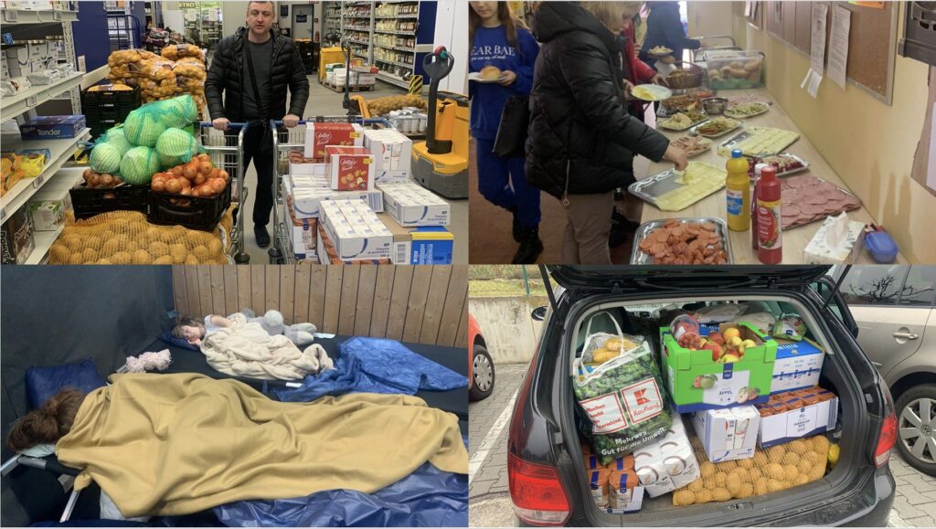 Four photos: a man with shopping carts full of food, people serving themselves from a buffet table, a car trunk packed with groceries, and two children asleep on camp mats.