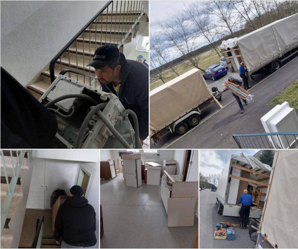 Five photos of volunteers moving household goods: carrying a washing machine and a cabinet up stairwells, unloading furniture from a covered truck and trailer, and kitchen cabinets waiting in an empty apartment.