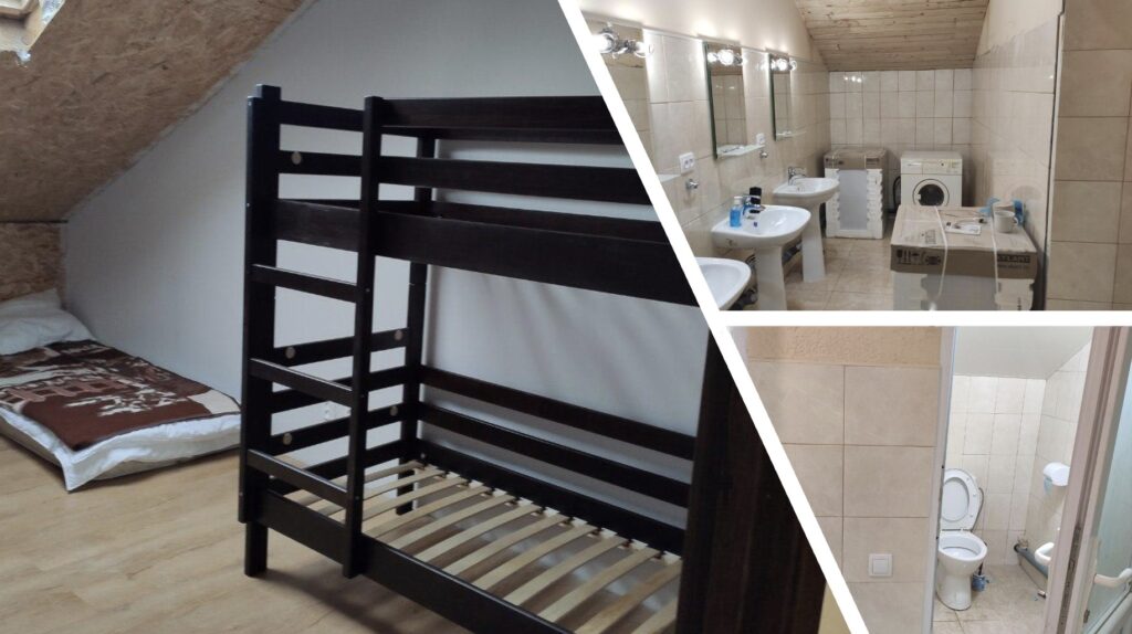 Three photos of accommodation being prepared: a wooden bunk bed and a mattress on the floor in an attic room, a shared washroom with sinks and a new washing machine still in its packaging, and a small tiled toilet room.